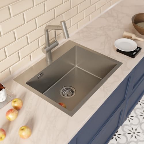 Ceramia Timeless Einbauspüle Küchenspüle 55x45 cm Edelstahl 304 | Mischbatterie mit ausziehbarer Brause | Gebürstetes Gun Metal-Finish | Einfache Installation von Ceramia