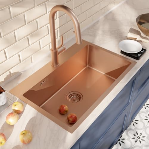 Ceramia Timeless Einbauspüle Küchenspüle 55x45 cm Edelstahl 304 | Mischbatterie mit ausziehbarer Brause | Gebürstetes Kupfer-Finish | Einfache Installation von Ceramia