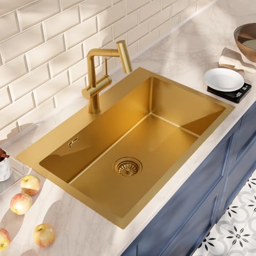 Ceramia Timeless Einbauspüle Küchenspüle 68x45 cm Edelstahl 304 | Mischbatterie mit ausziehbarer Brause | Gebürstetes Gold-Finish | Einfache Installation von Ceramia