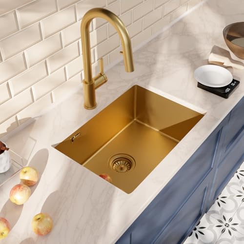Ceramia Timeless Unterbauspüle Küchenspüle 55x45 cm Edelstahl 304 | Mischbatterie mit ausziehbarer Brause | Gebürstetes Gold-Finish | Einfache Installation von Ceramia