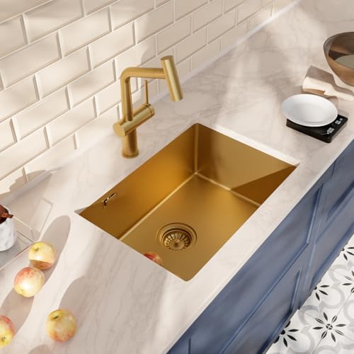 Ceramia Timeless Unterbauspüle Küchenspüle 55x45 cm Edelstahl 304 | Mischbatterie mit ausziehbarer Brause | Gebürstetes Gold-Finish | Einfache Installation von Ceramia