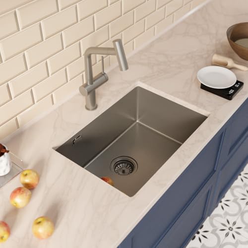 Ceramia Timeless Unterbauspüle Küchenspüle 55x45 cm Edelstahl 304 | Mischbatterie mit ausziehbarer Brause | Gebürstetes Gun Metal-Finish | Einfache Installation von Ceramia
