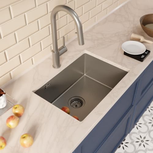 Ceramia Timeless Unterbauspüle Küchenspüle 55x45 cm Edelstahl 304 | Mischbatterie mit ausziehbarer Brause | Gebürstetes Gun Metal-Finish | Einfache Installation von Ceramia