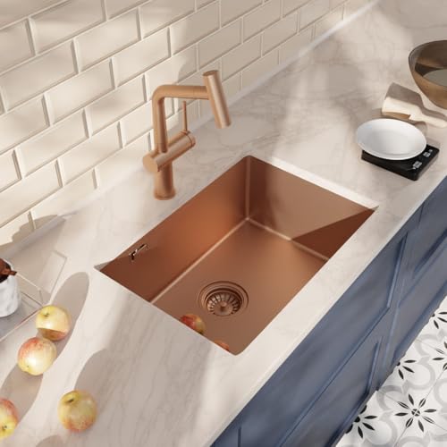 Ceramia Timeless Unterbauspüle Küchenspüle 55x45 cm Edelstahl 304 | Mischbatterie mit ausziehbarer Brause | Gebürstetes Kupfer-Finish | Einfache Installation von Ceramia