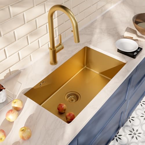 Ceramia Timeless Unterbauspüle Küchenspüle 68x45 cm Edelstahl 304 | Mischbatterie mit ausziehbarer Brause | Gebürstetes Gold-Finish | Einfache Installation von Ceramia