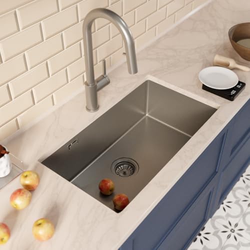 Ceramia Timeless Unterbauspüle Küchenspüle 68x45 cm Edelstahl 304 | Mischbatterie mit ausziehbarer Brause | Gebürstetes Gun Metal-Finish | Einfache Installation von Ceramia