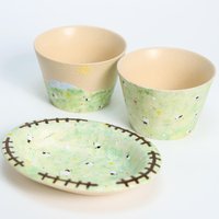 Cottagecore Kleines Schaf Keramik Teller & Tasse Handbemalte Grüne Wiese Schüssel Niedliche Housewarming Geschenk Handgemachte Natur Kaffee Espresso von LycheeCeramic