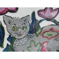 Große Keramikschale Graue Katze & Rosa Blumen, Handgefertigte Keramik von CeramicsFloorcloths