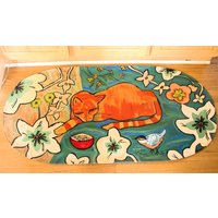 Küchenteppich Küchenmatte Orange Katze Blumen Vogel von CeramicsFloorcloths