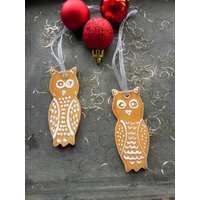 2 Eulen Keramik Weihnachtsornament Wald Ornamente Caramel Vogel Weihnachtsdekor Weiß Punkte von Ceraminic