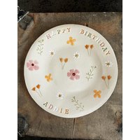 Alles Gute Zum Geburtstag Personalisierte Blumen Dessert Teller, Benutzerdefinierte Gänseblümchen Platte, Einzigartige Wildblumen Hand Gebaut von Ceraminic