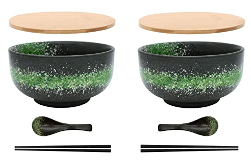 Keramische Japanische Ramen-schüssel Sets, Salat-nudel-große Suppenschüssel Mit Deckel Und Löffel Für Getreide, Suppe, Dessert Und Reisschale Set, Mikrowelle Und Geschirrspüle… (Green 2 Set) von Ceraozmus