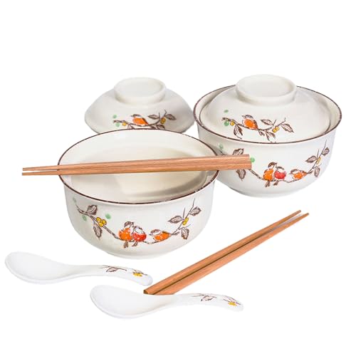 Ceraozmus Keramik-Ramenschüssel-Set, 800 ml, mit Deckel, Löffel und Essstäbchen, Japanische Vintage Große Suppenschalen Instant Nudel Schüssel Asiatisch Geschirr (Vogel*2) von Ceraozmus