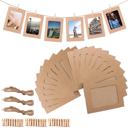 Kraftpapier Fotorahmen, Fotorahmen Aus Pappe, 30 Stücke Kraftpapier-Bilderrahmen, 11.5 * 15.5cm, Mit 30 Stücke Clips Und 3 Stücke Hanf Seile Set, Für Hängende Wanddekoration Zimmer Deko (Braun) von Cerioll