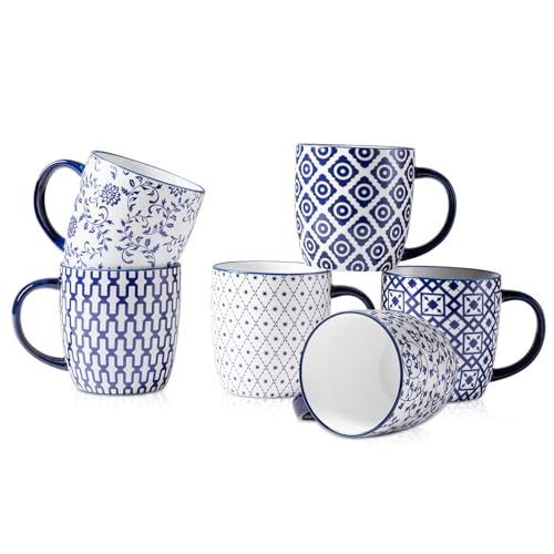 Cerkik Keramik Kaffeebecher Set - 350 ml große Porzellan Teetassen mit Henkel für Cappuccino Latte Kakao Milch Tee - Weihnachten Housewarming Geschenk - Set von 6 - Vintage Blau von Cerkik