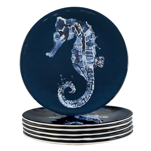 Sea Life Melamin Salat Dessertteller Set 6 Stück - 22,9 cm Wiederverwendbare Küste Strand Haus Geschirr mit Seepferdchen Ozean Druck Nautisch Bruchfest BPA-frei Teller Spülmaschinenfest Outdoor von Certified International