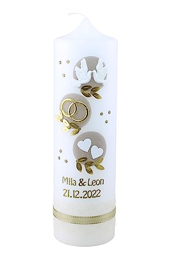 Cerziies® Hochzeitskerze Mila und Leon mit Namen und Datum, individuell und handverziert 1992, Kerzengröße :ca. 25x7 von Cerziies