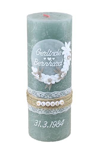 Cerziies® Hochzeitskerze Rustik Nadja und Pablo mit Namen und Datum, individuell und handverziert 1944, Variante:Klassischer Docht von Cerziies