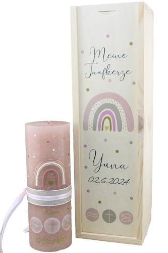 Cerziies® Set Taufkerze Rustik und Kerzenbox YUNA Junge oder Mädchen mit Name und Datum, individuell und handverziert 2501, Variante:Klassischer Docht von Cerziies