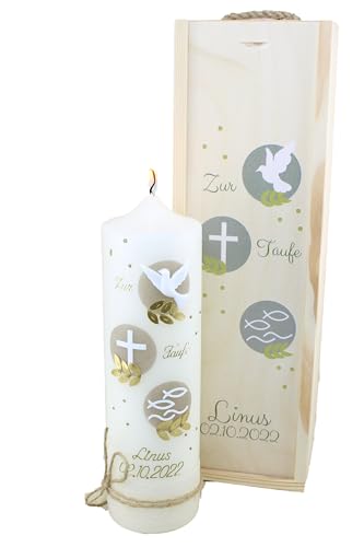 Cerziies® Set Taufkerze mit Kerzenbox Linus Junge oder Mädchen mit Name und Datum, individuell und handverziert 2375 von Cerziies