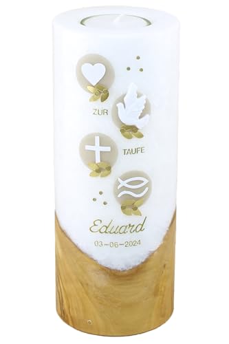 Cerziies® Taufkerze Eduard mit echtem Holz Junge oder Mädchen mit Name und Datum, individuell und handverziert 2523 von Cerziies