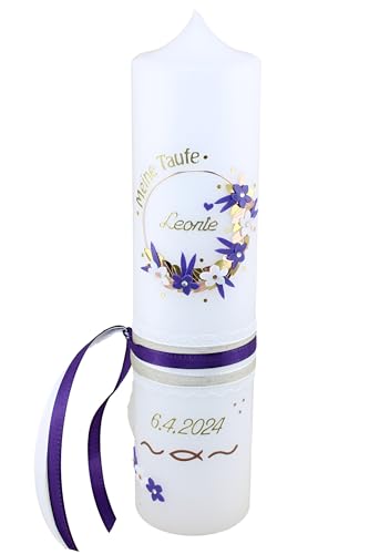 Cerziies® Taufkerze Leonie Junge oder Mädchen mit Name und Datum, individuell und handverziert 2488, Kerzengröße :ca. 25x7 von Cerziies