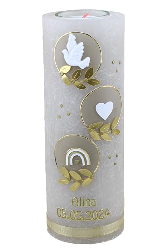 Cerziies® Taufkerze Rustik Alina Junge oder Mädchen mit Name und Datum, individuell und handverziert 2493, Variante:Klassischer Docht von Cerziies
