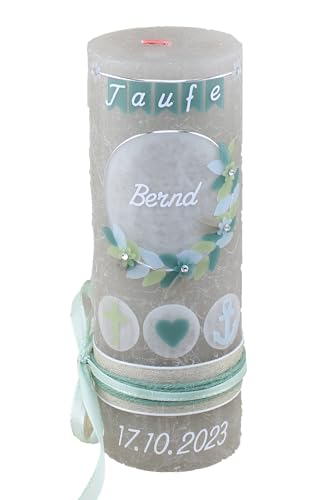 Cerziies® Taufkerze Rustik Bernd Junge oder Mädchen mit Name und Datum, individuell und handverziert 2193, Variante:Klassischer Docht von Cerziies