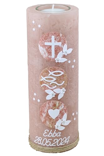 Cerziies® Taufkerze Rustik Ebba Junge oder Mädchen mit Name und Datum, individuell und handverziert 2128, Variante:Klassischer Docht von Cerziies