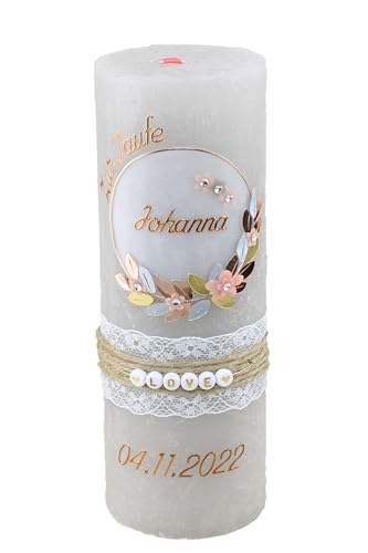 Cerziies® Taufkerze Rustik Johanna Junge oder Mädchen mit Name und Datum, individuell und handverziert 2138, Variante:Klassischer Docht von Cerziies