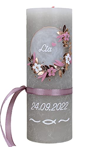 Cerziies® Taufkerze Rustik LIAN Junge oder Mädchen mit Name und Datum, individuell und handverziert 1621 von Cerziies