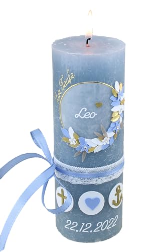 Cerziies® Taufkerze Rustik Leo Junge oder Mädchen mit Name und Datum, individuell und handverziert 1735, Variante:Klassischer Docht von Cerziies