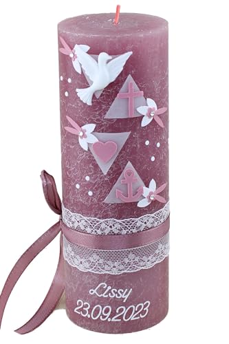 Cerziies® Taufkerze Rustik Lissy Junge oder Mädchen mit Name und Datum, individuell und handverziert 2157, Variante:Klassischer Docht von Cerziies