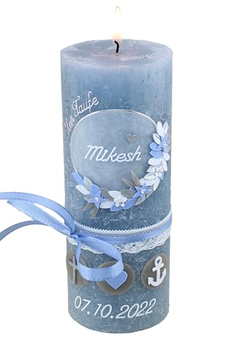 Cerziies® Taufkerze Rustik MIKESH Junge oder Mädchen mit Name und Datum, individuell und handverziert 1830, Variante:Klassischer Docht von Cerziies