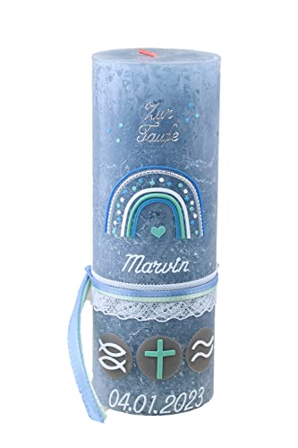 Cerziies® Taufkerze Rustik Marvin Junge oder Mädchen mit Name und Datum, individuell und handverziert 1839, Variante:Glasteelichteinsatz von Cerziies