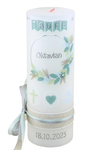 Cerziies® Taufkerze Rustik OKTAVIAN Junge oder Mädchen mit Name und Datum, individuell und handverziert 2192, Variante:Klassischer Docht von Cerziies