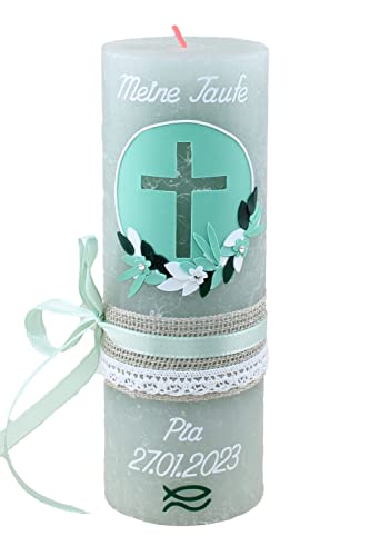 Cerziies® Taufkerze Rustik PIA Junge oder Mädchen mit Name und Datum, individuell und handverziert 1840, Variante:Klassischer Docht von Cerziies