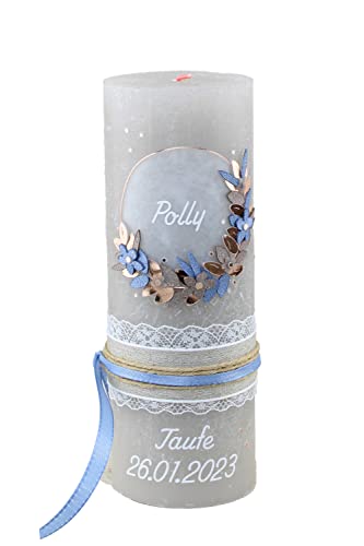 Cerziies® Taufkerze Rustik Polly Junge oder Mädchen mit Name und Datum, individuell und handverziert 1835, Variante:Klassischer Docht von Cerziies