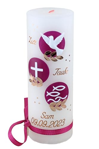 Cerziies® Taufkerze Rustik SAM Junge oder Mädchen mit Name und Datum, individuell und handverziert 2158, Variante:Klassischer Docht von Cerziies