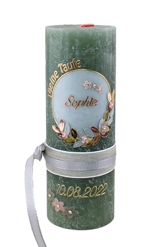 Cerziies® Taufkerze Rustik Sophie Junge oder Mädchen mit Name und Datum, individuell und handverziert 1634, Variante:Klassischer Docht von Cerziies