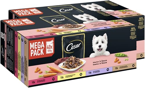 CESAR® Portionsbeutel Multipack Selektion in Sauce 4 Varietäten 2 x 40 x 100g von Cesar