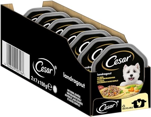 Cesar Adult Hundenassfutter Landragout, 14 Schalen, 14x150g – Premium Hundefutter nass, mit Huhn, Gemüse und braunem Reis von Cesar
