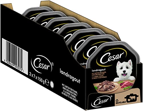 Cesar Adult Hundenassfutter Landragout mit zartem Truthahn, Rind und Kräutern, 14 Schalen, 14x150g – Premium Hundefutter nass, ohne Zuckerzusatz, künstliche Aroma– oder Farbstoffe von Cesar