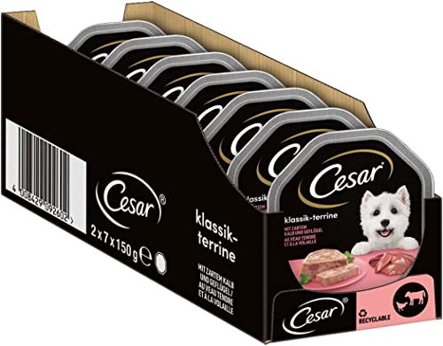 Cesar Hundefutter Nassfutter Klassiker Kalb & Geflügel, 7 er Pack, (7 x 2 Schalen x 150 g) von Cesar