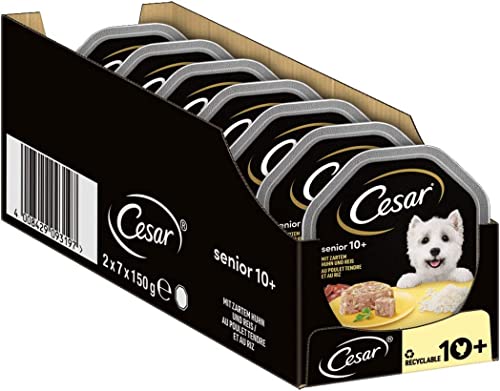 Cesar Hundefutter Nassfutter Senior 10+ mit Huhn & Reis, 7 er Pack, (7 x 2 Schalen x 150 g) von Cesar
