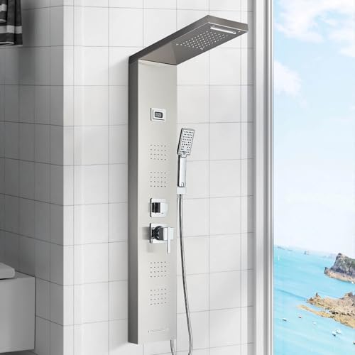 Cesinkin Duschpaneel mit Armatur Gebürstetes Nickel Duschpaneel Edelstahl 5 Funktionen Regenschauer, Handbrause, Wannenauslauf, Massagedüsen mit LCD Temperaturanzeige von Cesinkin