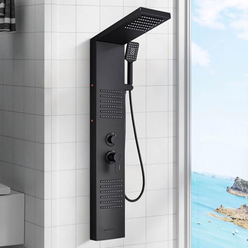 Cesinkin Duschpaneel mit Armatur Multifunktionale Duschsysteme Schwarz mit LED Wandhängende Duschpaneele Edelstahl Mit Regenschauer Massagedüsen Handbrause Wannenauslauf von Cesinkin