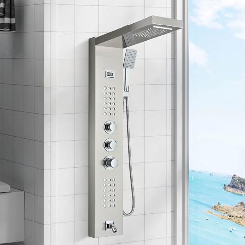 Cesinkin Duschpaneel mit Thermostat Edelstahl mit Armatur Gebürstetes Nickel mit LCD Temperaturanzeige Multifunktionale Duschsysteme mit Regenbrausenmodi, Handbrause, Massagedüsen, Wannenauslauf von Cesinkin