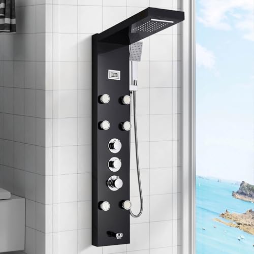 Cesinkin Duschpaneel mit Thermostat Schwarz mit LCD Temperaturanzeige Multifunktionale Duschsysteme Mit Regenschauer Handbrause Massagedüsen Wannenauslauf von Cesinkin