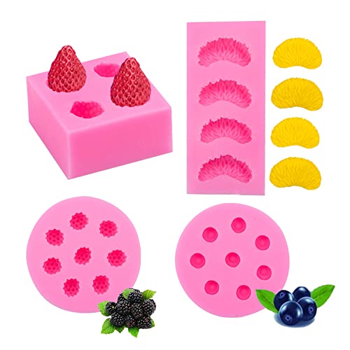 Cestony 3D-Mini-Silikonformen für Obst, Erdbeere, Orange, Himbeere, Heidelbeere, DIY, Kuchen, Fondant, Kekse, Seife, Zucker, Pudding, Schokolade, harte Süßigkeiten, Dessert-Dekoration, 4 Stück von Cestony